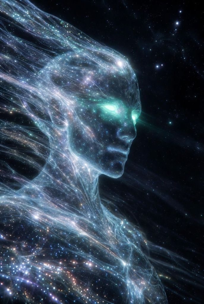 A sleek, semi-transparent humanoid figure composed of shimmering blue-white light and faint neural network patterns, floating in a starry void or subtle nebula.